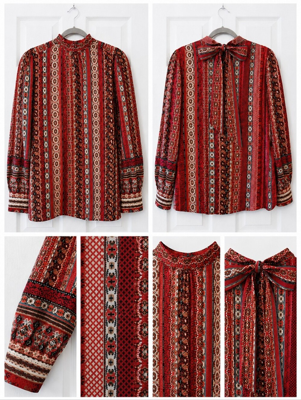 LOFT Red Boho Stripe Print |Tie Neck Blouse |XL Long Sleeve - Picture 6 of 12